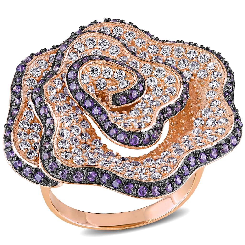 Miadora Black and White Cubic Zirconia Flower Ring in Pink Silver