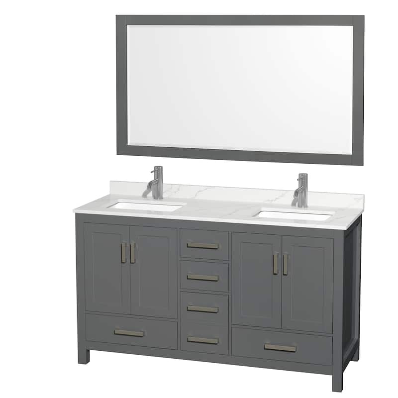 Sheffield 60-inch Double Vanity, Single Hole Quartz Top,58-inch Mirror - Dark Gray, Chrome Trim, Giotto Quartz Top