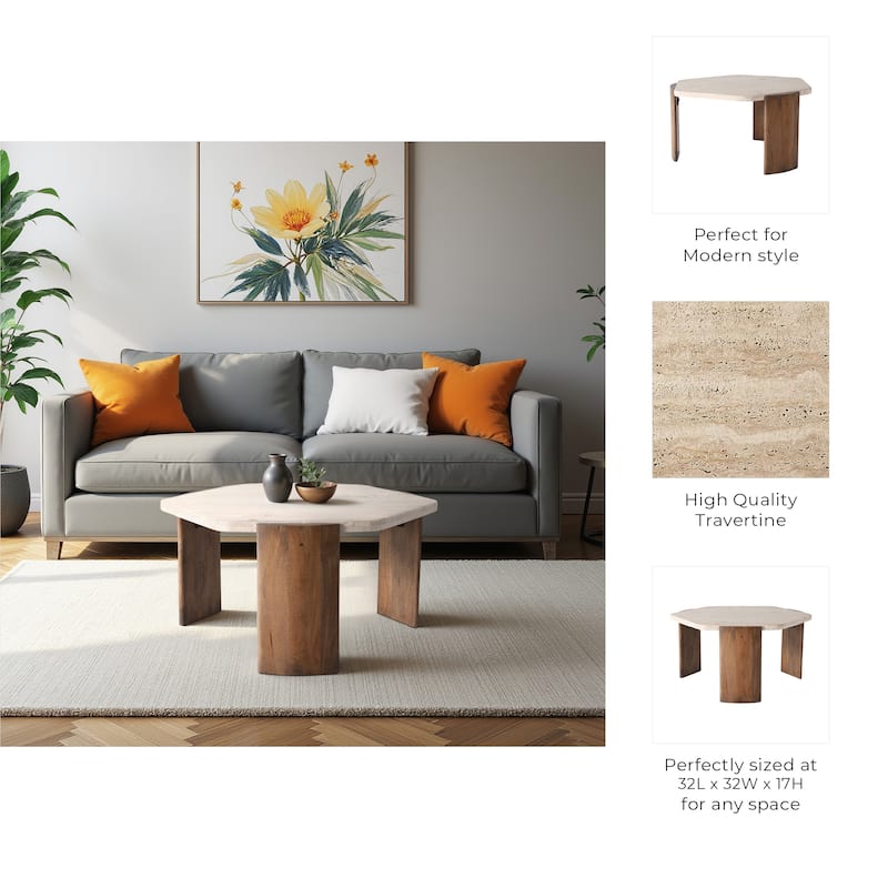 Travertine Mango Wood Coffee Table Curved Legs Modern Glam - 17" Brown - 32" x 32" x 17"