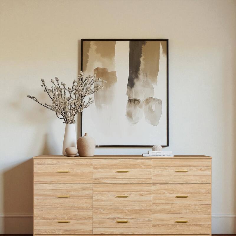 Modern 9-Drawer Dresser Wide Bedroom Chest Engineered Wood Storage Cabinet with Golden Handles and Ample Space