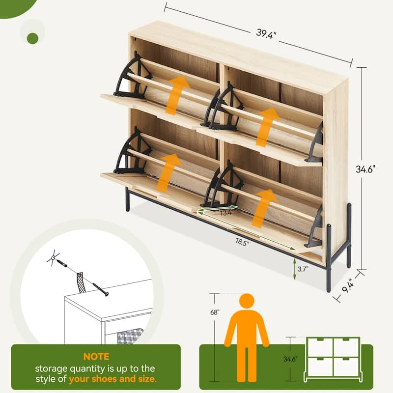 Natural Rattan 4 Flip Door Shoe Cabinet Organizer Freestanding, Modern Shoe Rack Storage Organizer - 39.4x9.4x34.6in