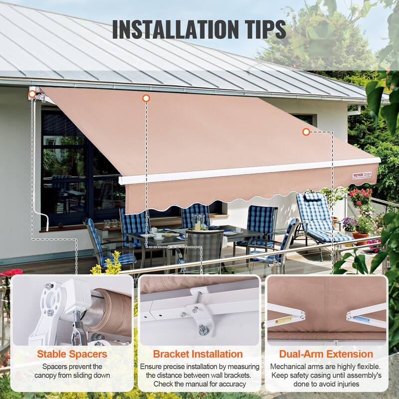 12 x 10 ft Manual Retractable Patio Awning, Water-Resistant Sun Shade with Crank Handle for Backyard, Balcony
