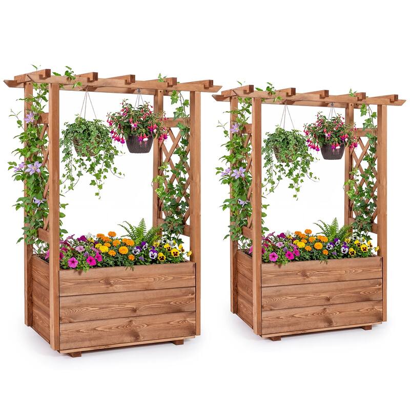 Gymax 2PCS Wooden Raised Garden Bed/ Lattice Trellises Hanging Roof - Orange