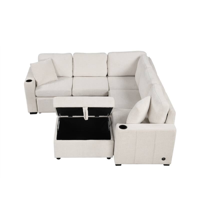 84.7" Convertible Sofa Bed in Beige Chenille with Storage Ottoman, USB & Cup Holders