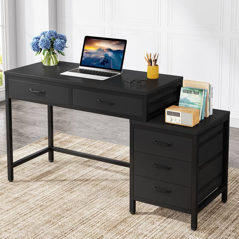 Modern Computer Desk with 5 Drawers, Home Office Desks with Reversible Drawer Cabinet Printer Stand
