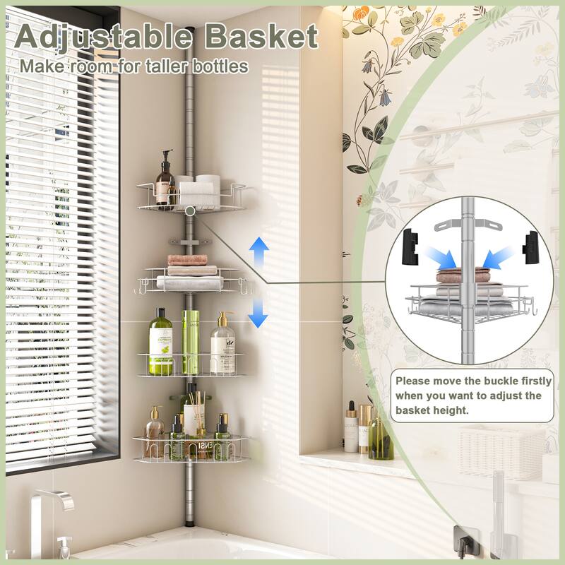 Tension Pole Corner Shower Caddy with 4 Adjustable Baskets