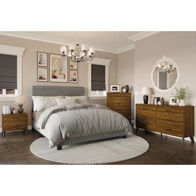CraftPorch Corduroy 4-pieces Mid-Century Modern Grey Bed with Brown Furniture Bedroom Set