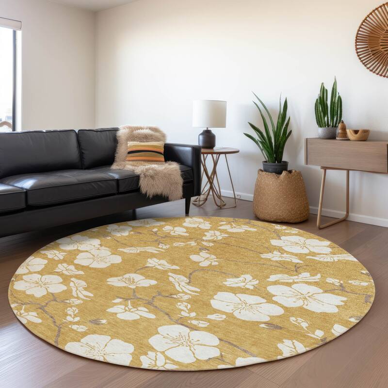 Machine Washable Indoor/ Outdoor Calm Floral Chantille Rug - Gold - 8' x 8'