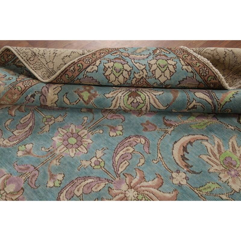 All-Over Blue Floral Tabriz Persian Area Rug Hand-Knotted Wool Carpet - 6'9"x 9'8"