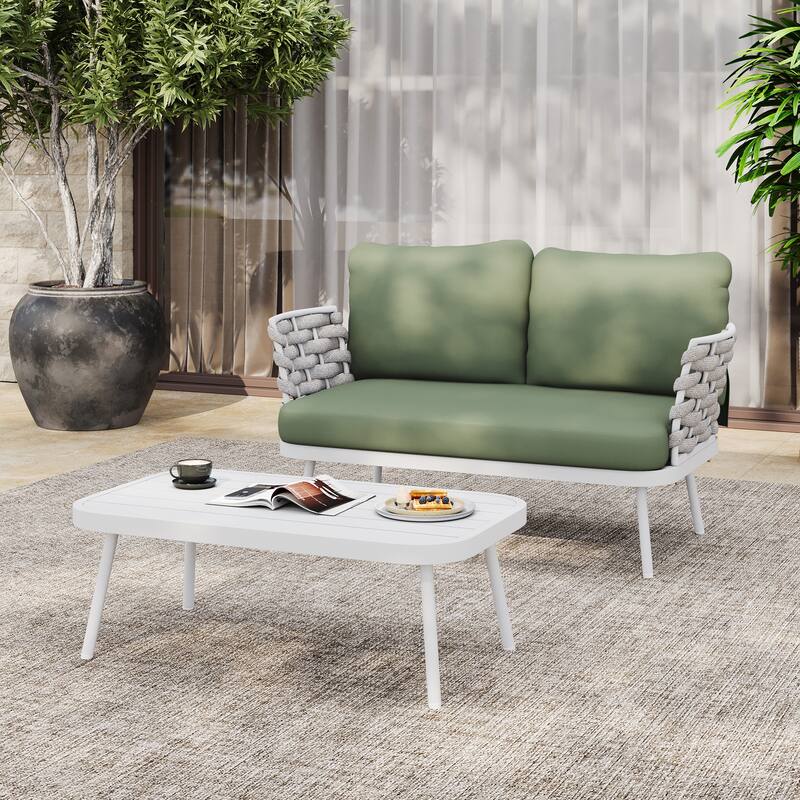 Christopher Knight Home - Cadence Rope and Steel Patio Loveseat and Table Set - White Steel+White Rope+ Green Cushion