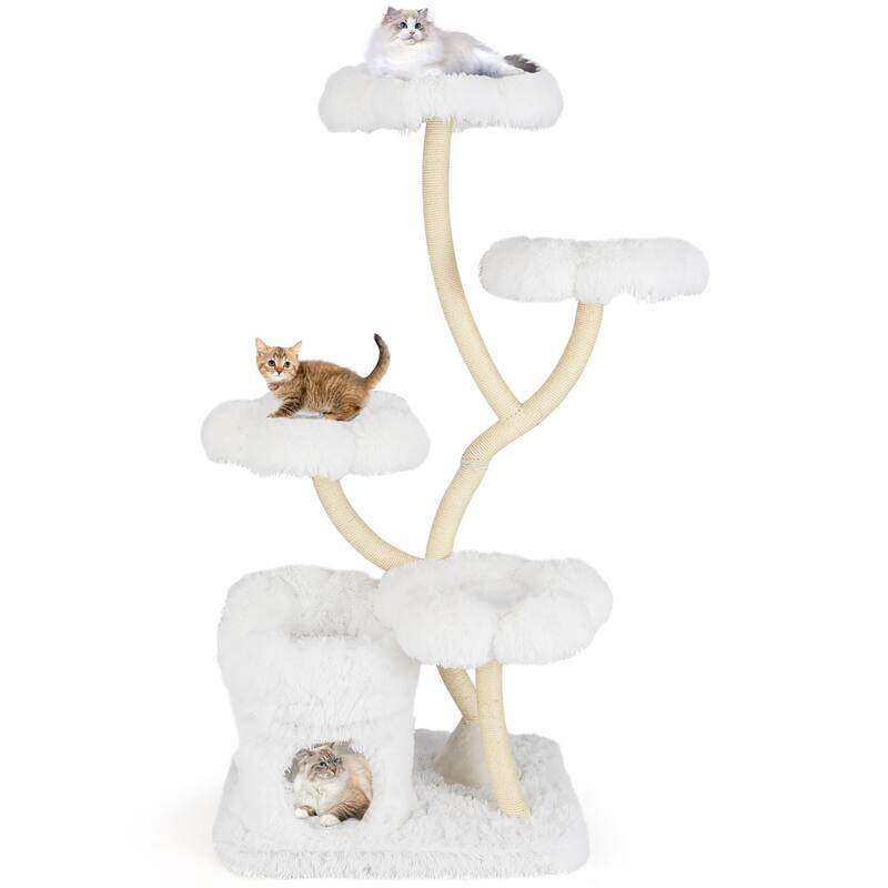 White Wood Plush Cat Tower with Condo, Sisal Posts and Flower Platforms - Overall Height: 65" - White