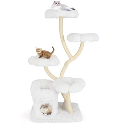 White Wood Plush Cat Tower with Condo, Sisal Posts and Flower Platforms - Overall Height: 65"
