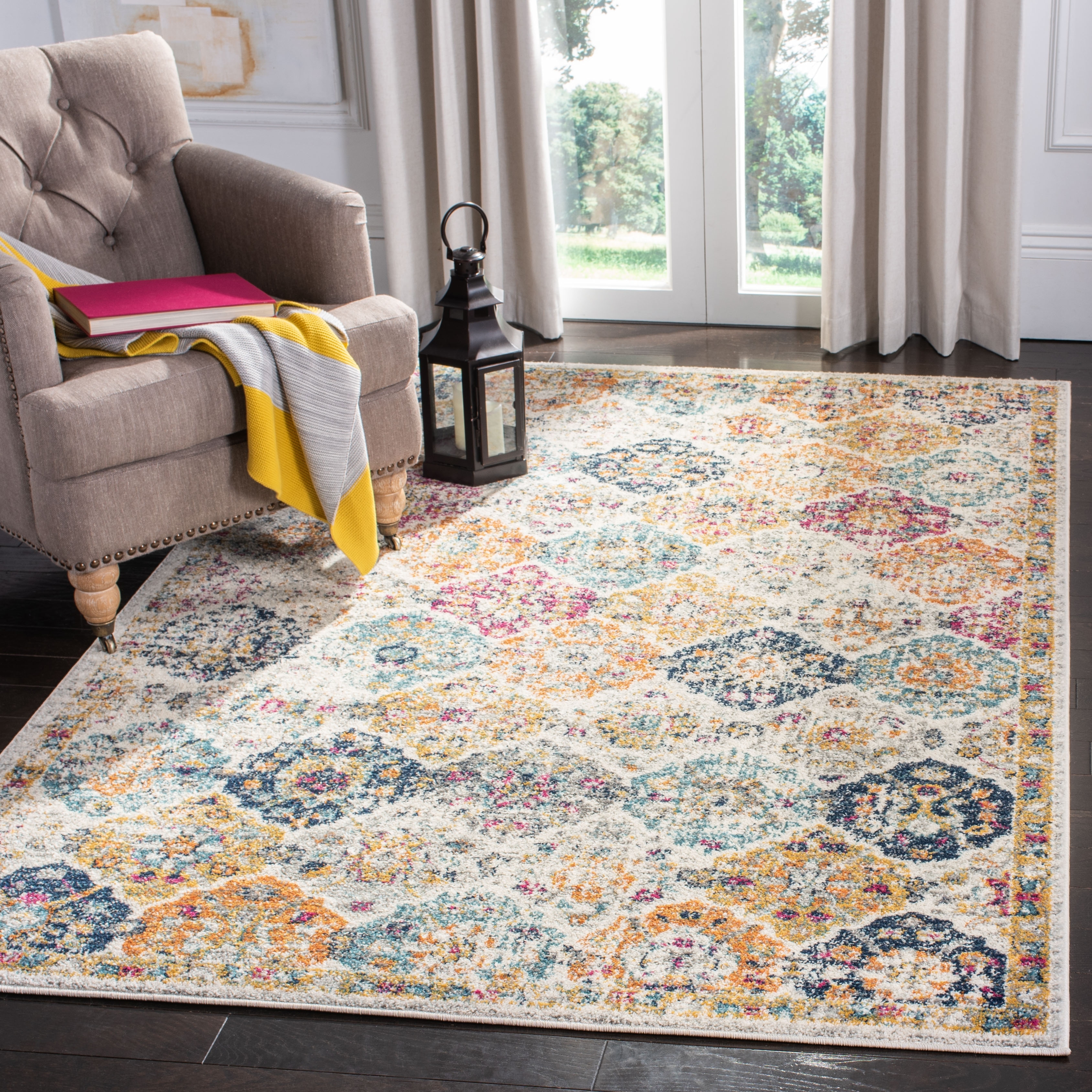SAFAVIEH Madison Avery Boho Chic Distressed Area Rug - Cream/Multi - 5'3" Square