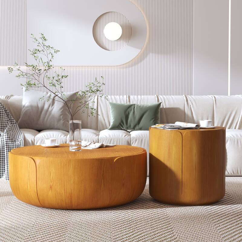 Round Outdoor/Indoor Coffee Table Set, Modern Wood Grain Drum Center Tables - Natural