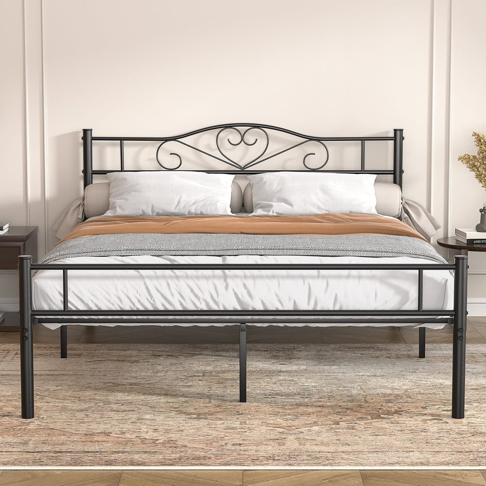 Javlergo Black/Pink/Gold Metal Platform Bed Frame with Heart Headboard Heavy Duty No Box Spring Needed