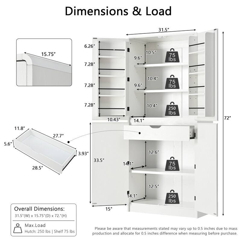 Farmhouse 72" Tall Kitchen Pantry Cabinet, Freestanding Curved Design with Adjustable Shelves and Hidden Drawer