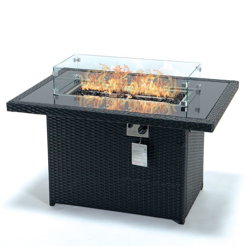 LeisureMod 44" Outdoor Fire Pit Table with 55,00 BTU - Rectangular Wicker Rattan Table for Lounge Porch Backyard Patio Decor