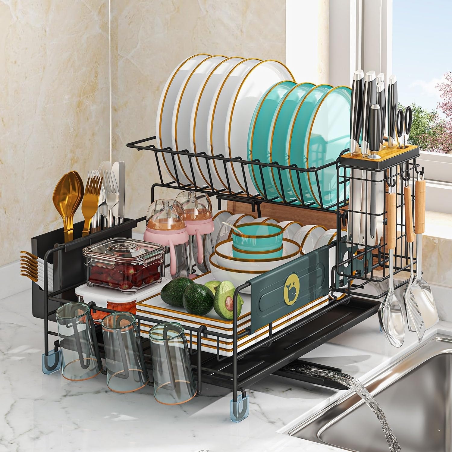 2 Tier Kitchen Stainless Steel Dish Rack with Cutlery Holder and Drainboard  - On Sale - Bed Bath & Beyond - 37417712