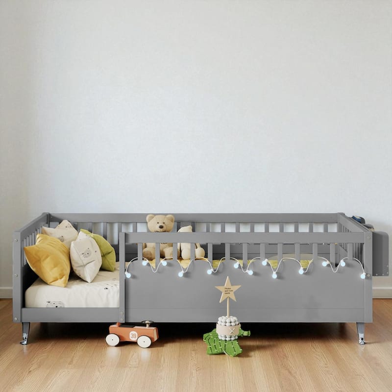 Twin/Full Montessori Wooden Floor Bed with High Rails, LED Light, and Side Storage Shelf for Kids - Grey - Twin