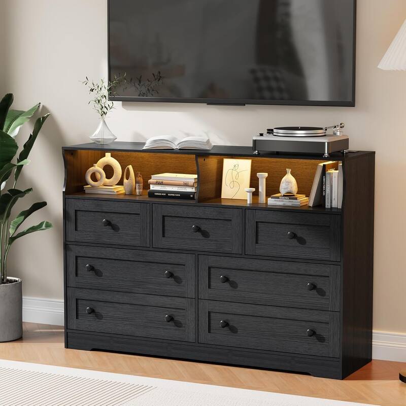 7 Drawer Dresser TV Stand for Bedroom with Charging Station & LED Lights - Black