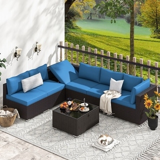 EROMMY 6/7 Piece Modular Outdoor Rattan Sofa Set, All-Weather Wicker Patio Furniture with Storage Table, Cushions & Pillows