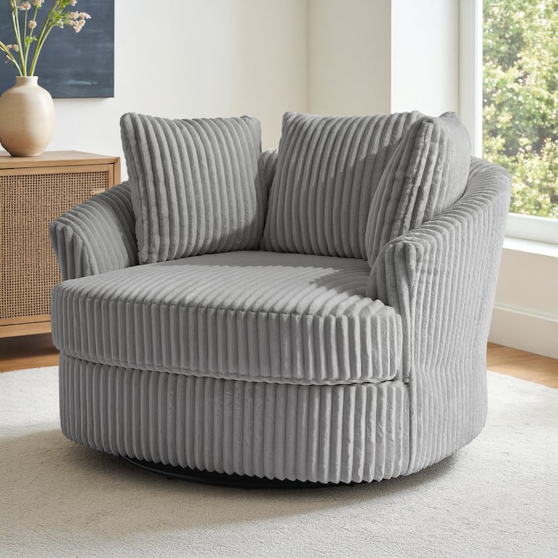 Recessed Arm Slipcovered Swivel Barrel Chair with Pillows - Gray