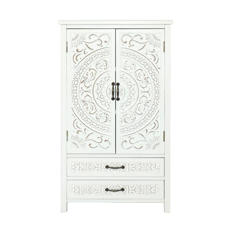 Tall Tower Accent Cabinet with Carved Doors, Multi-Functional Wood Buffet Cabinet, Storage Cabinet with 2 Doors & 2 Drawers