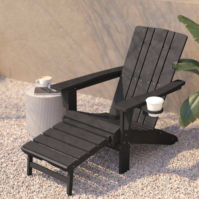 Commercial All-Weather Adirondack Chair with Pullout Ottoman & Cupholder
