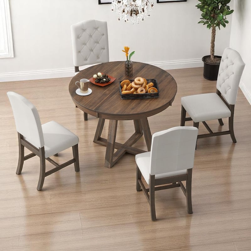 5-Piece Dining Table Set with 4 Upholstered Chairs, 16" Leaf Dining Table, Solid Wood & MDF, for Small Spaces and Dining Rooms