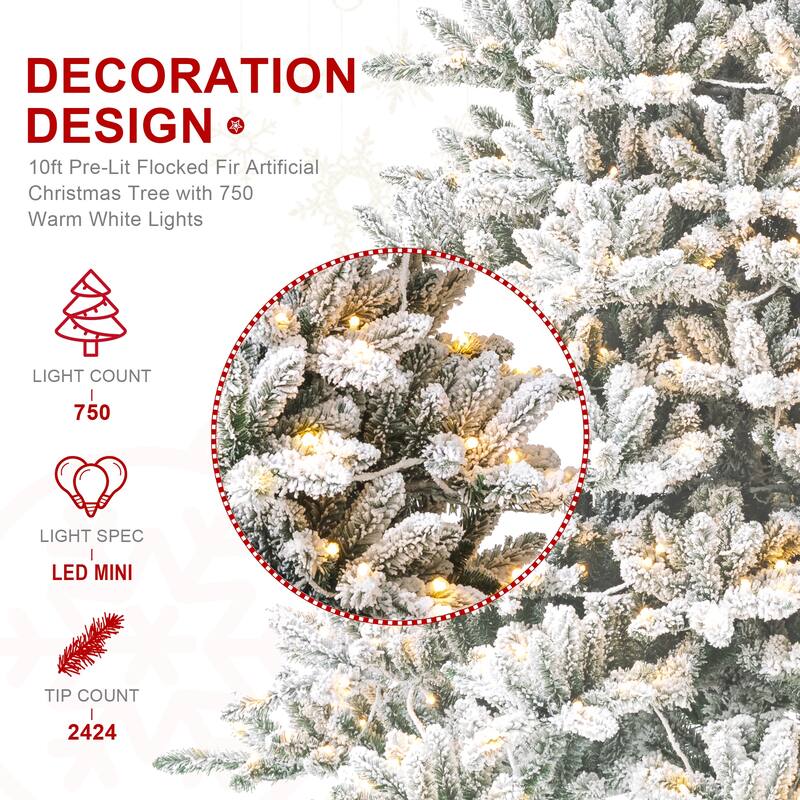 Glitzhome 6FT/7.5FT/9FT/11FT Snow Flocked Pre-lit Artificial Fir Christmas Trees