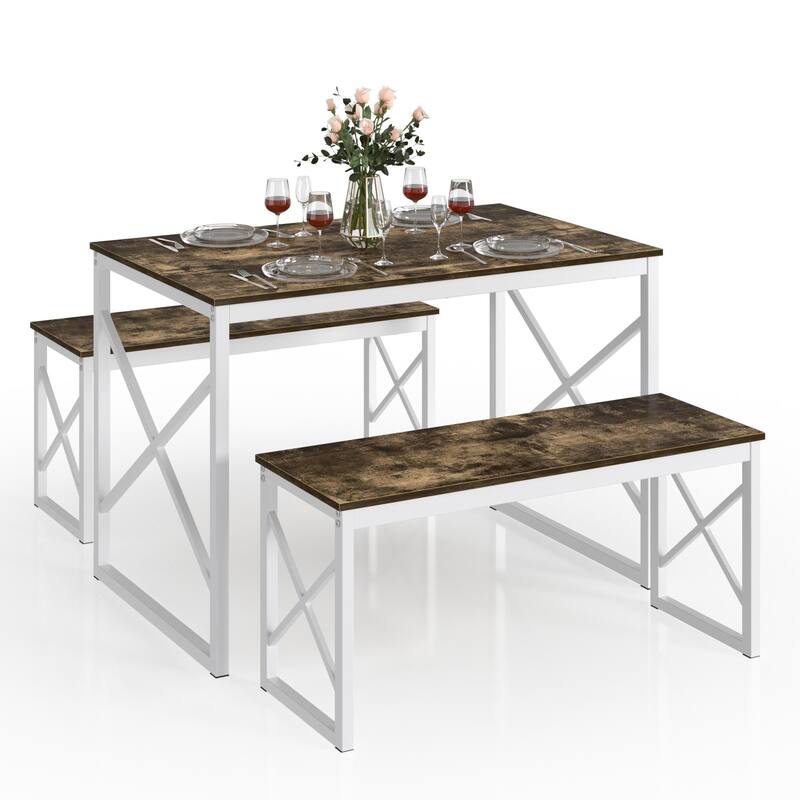 44.3" Dining Table with Benches Kitchen Table set for 4 Rectangular Dining Room Table Set with 2 Metal Wood Benches