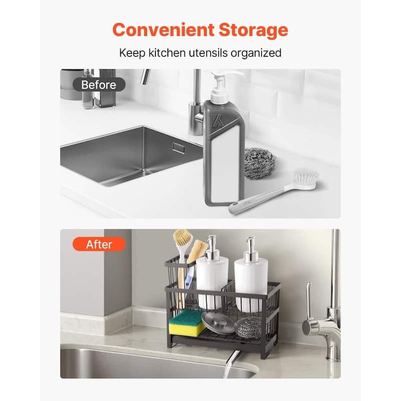 Black Double-Layer Kitchen Sink Caddy with Rotating Drain and Organizer - 9.37" x 4.02" x 5.71"