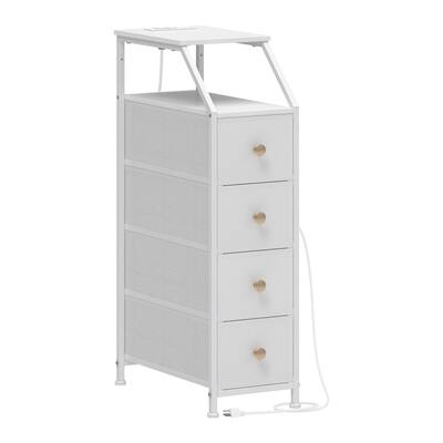 White Narrow 4 Drawer Dresser with Charging Station Tall Skinny Storage Tower Nightstand for Bedroom Bathroom Small Spaces