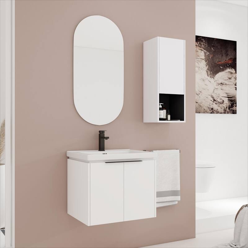 24" Wall-Mounted Bathroom Vanity with Ceramic Sink and Soft-Close Doors, Side Cabinet for Extra Storage - 23.8 in W Plywood - White