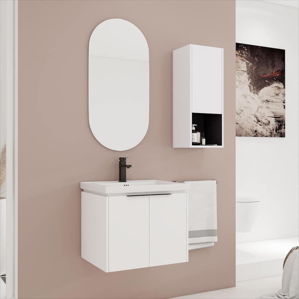 24" Wall-Mounted Bathroom Vanity with Ceramic Sink and Soft-Close Doors, Side Cabinet for Extra Storage