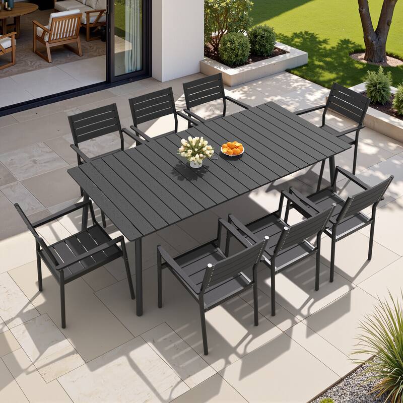 9-Piece Aluminum Outdoor Patio Dining Set with Umbrella Hole and Stackable Chairs