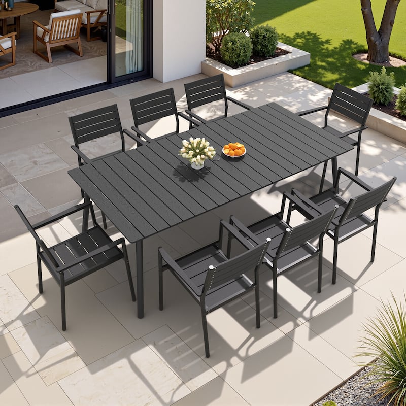 Outdoor 9-piece Patio Dining Set Aluminum Dining Table with Umbrella Hole and Chairs - Black