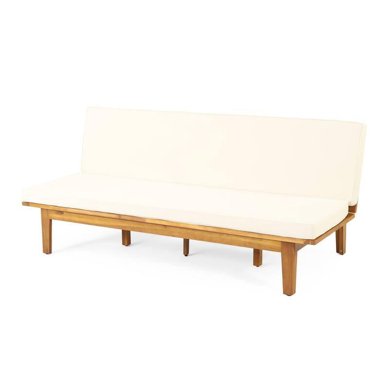 Roomfitters Adjustable Outdoor Wooden Bench with Slatted Backrest and Mid-Century Modern Design, Beige+Teak