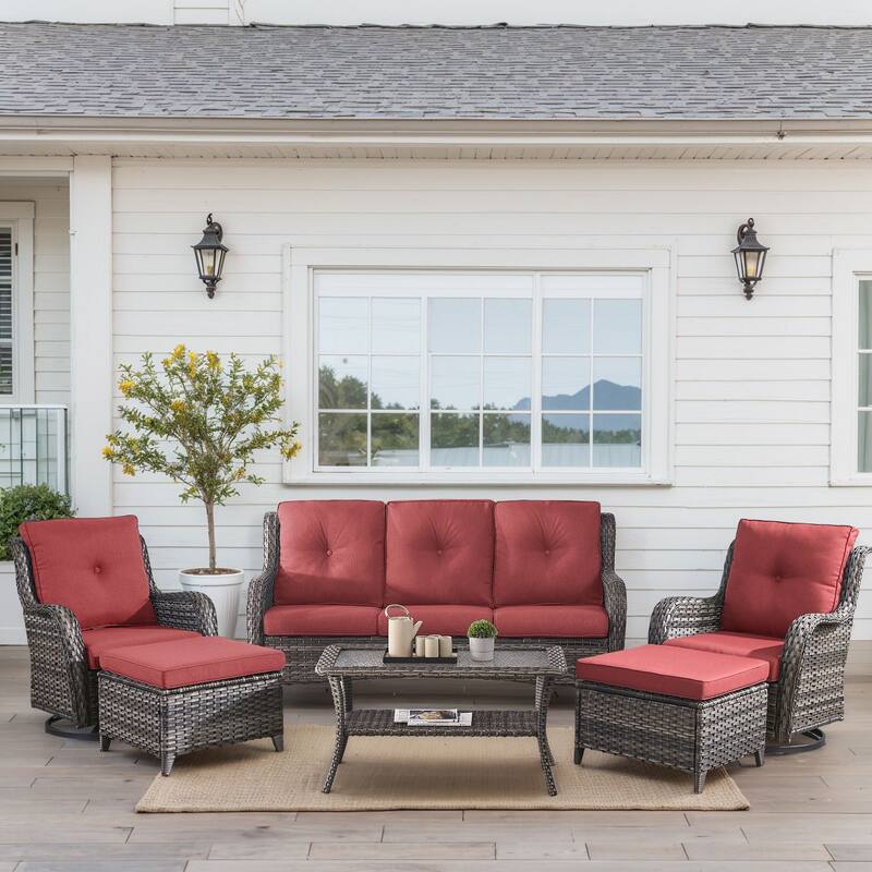 Outdoor Swivel Chairs with Sofa Ottoman Table - Grey - Red