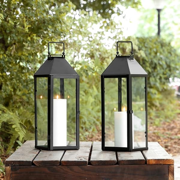 slide 2 of 6, SAFAVIEH Outdoor Ruane 18-Inch Glass Lantern Set of 2, Black - 6" W x 5" D x 18" H Black