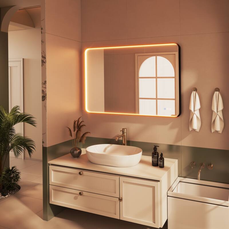 Organnice Rectangular LED Aluminum Black Framed Light Rounded Wall Mirror with Front Light