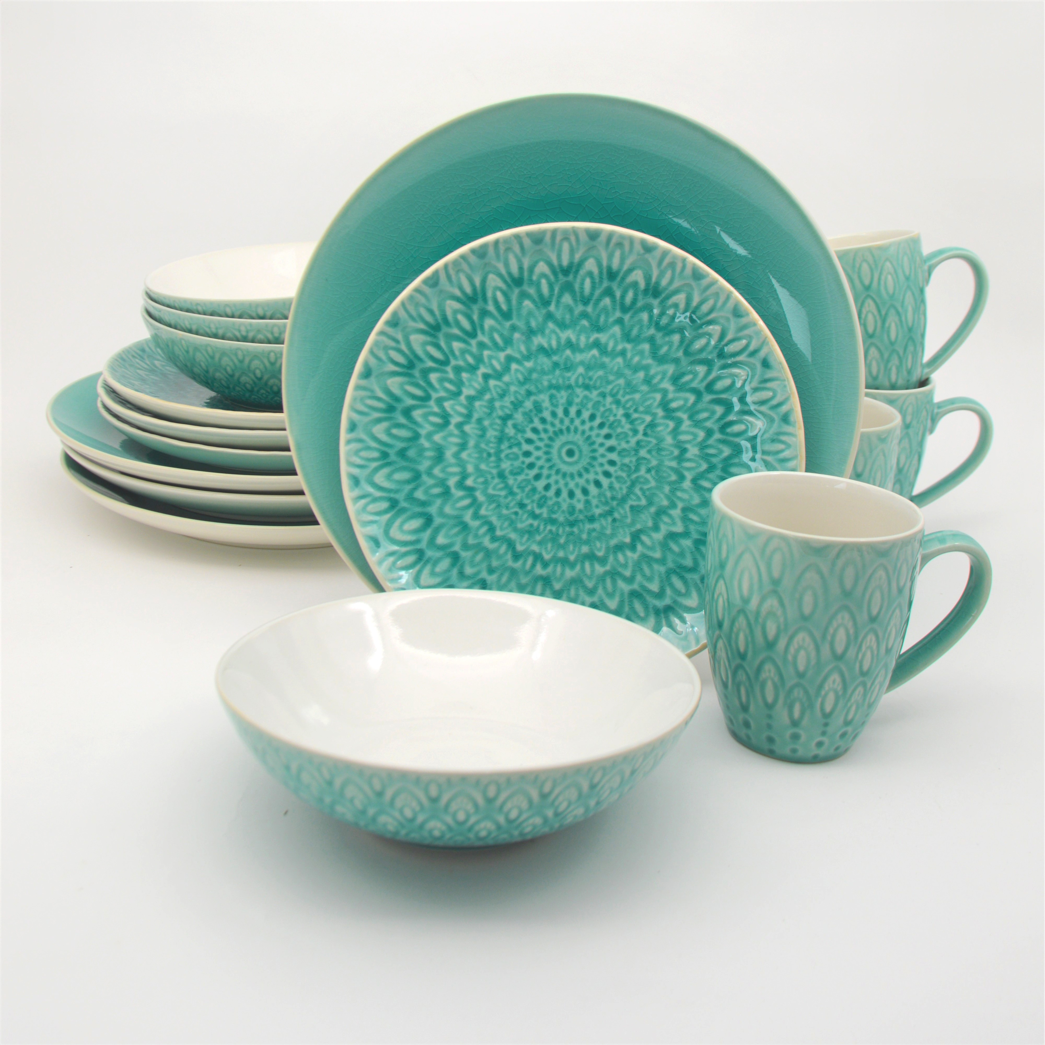 Euro Ceramica Peacock 16 piece Crackle glaze Dinnerware Set