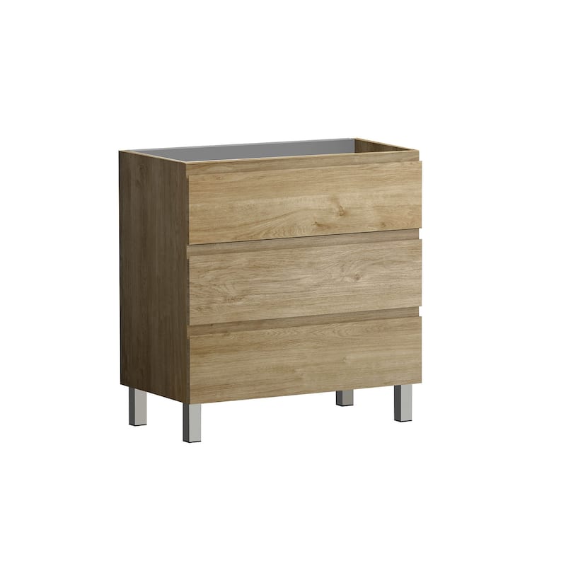 HomeRoots 32" Oak Wood Freestanding Bathroom Vanity With White Sink And Three Drawers - 32.00 in. x 39.06 in. x 17.88 in.