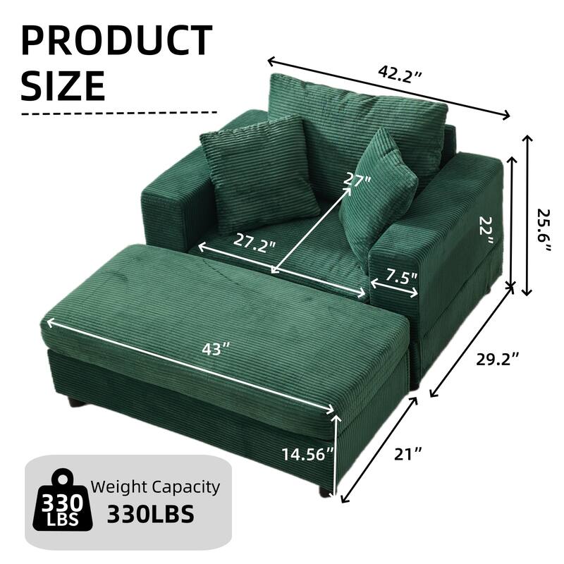 Chaise Lounge Chair with Removable Ottoman, Modern Accent Armchair Corduroy Sleeper Sofa Chair with Pillows for Living Room