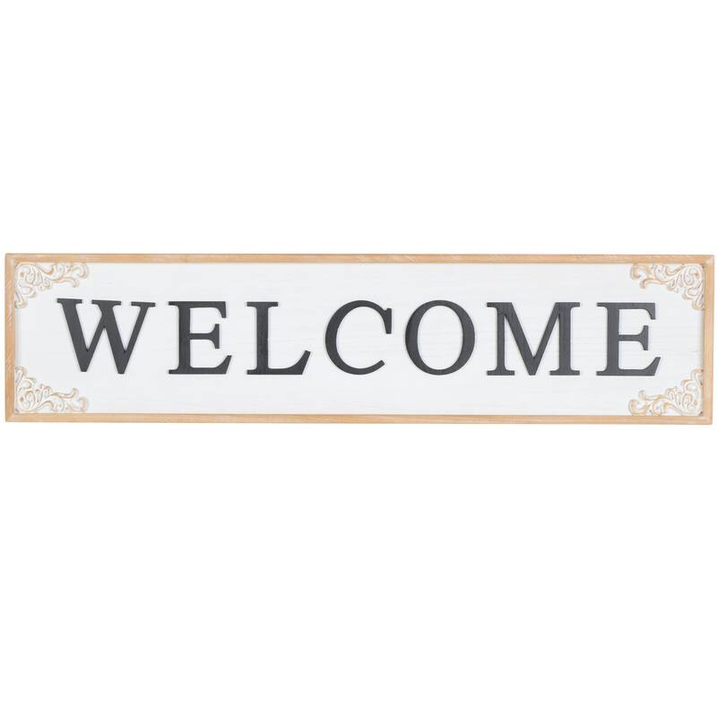 White Wooden Welcome Sign Home Wall Decor with Scroll Details