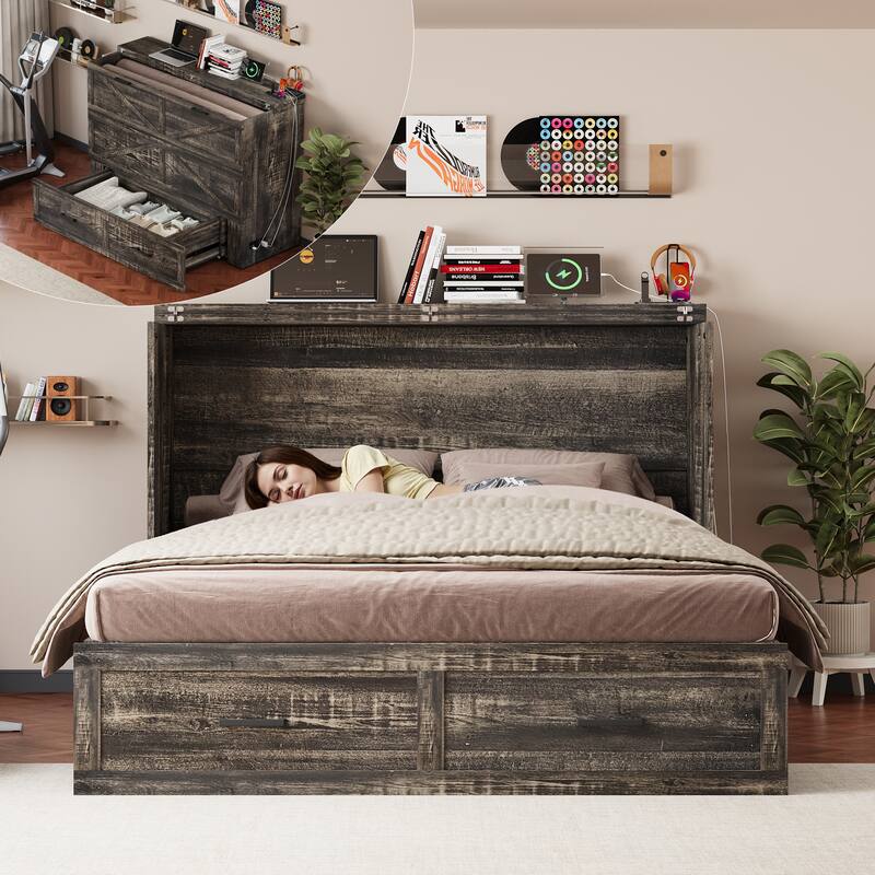 Murphy Bed with Storage&Charging Station/Queen Murphy Cabinet Bed with Large Drawer/Pull out Platform Bed/Mattress Not Included