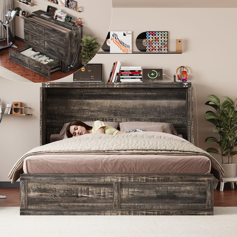Queen Murphy Bed with Charging Station, Farmhouse Murphy Cabinet Bed with Large Storage Drawer, Hideaway Foldable Platform Bed