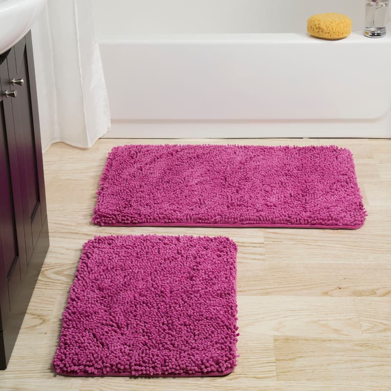 Bathroom Rugs - 2-Piece Memory Foam Bathroom Set with Chenille Shag Top and Non-Slip Base by Windsor Home - Pink