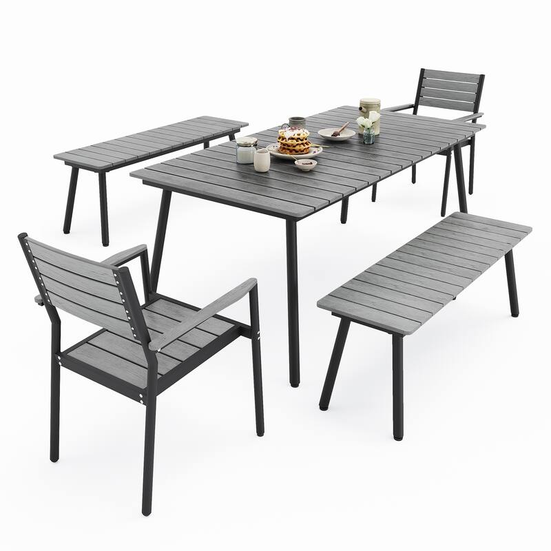 Outdoor 5/6-Piece Patio Dining Set with Stacking Chairs and Bench - Grey-Set of 5
