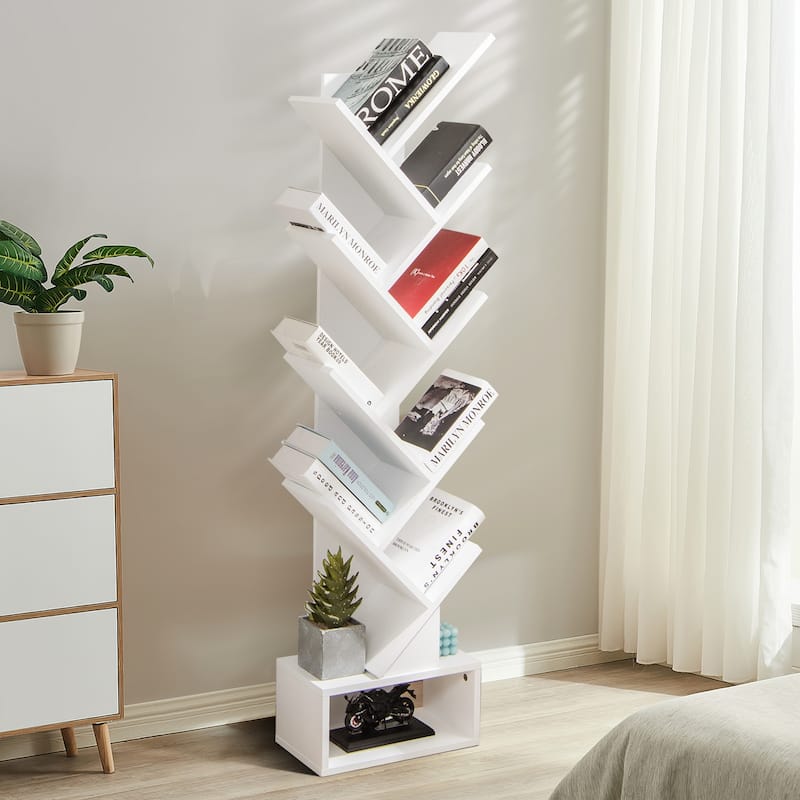 59" Tall Tree Design Bookshelf with 10 Open Shelves and Fabric Drawer for Small Spaces - 15'' x 8.5'' x 59'' (L x W x H)